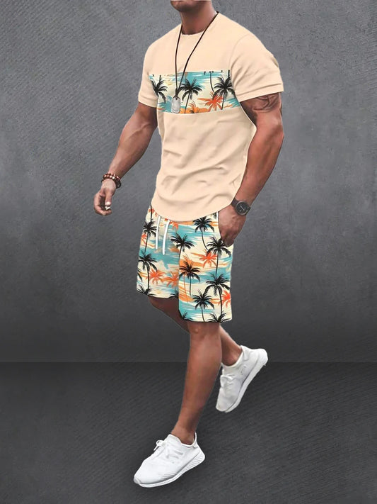 Conjunto de 2 piezas de camiseta y pantalones cortos de manga corta con estampado de palmeras de playa para hombre