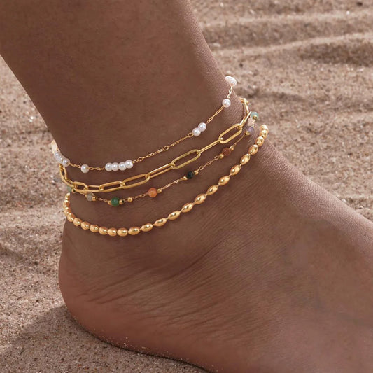 Pulsera de tobillo con perlas de acero inoxidable para mujer, cadena ajustable para el pie chapada en oro de 18 quilates, pulseras apilables para la pierna.