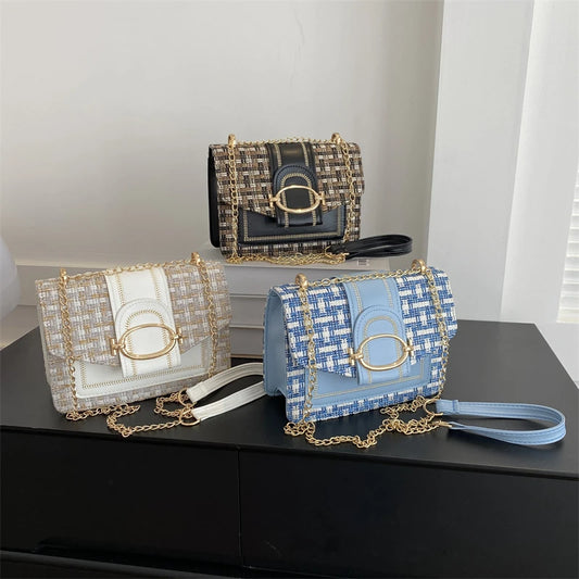 Bolso de hombro con cadena de metal a cuadros, con hebilla de candado para mujer, bandolera cuadrada pequeña para mujer
