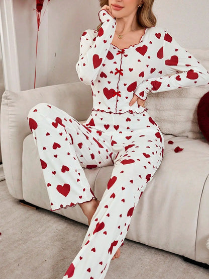 pijamas para mujer ropa de dormir estampado de corazón Tops de manga larga con pantalones largos conjunto de pantalones pijamas