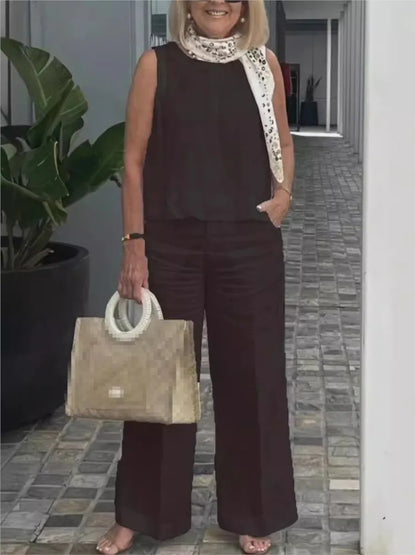 Women's Cotton Linen Clothing Set Loose Sleeveless Top Wide Leg Pants Casual Outfits 2 Piece Set