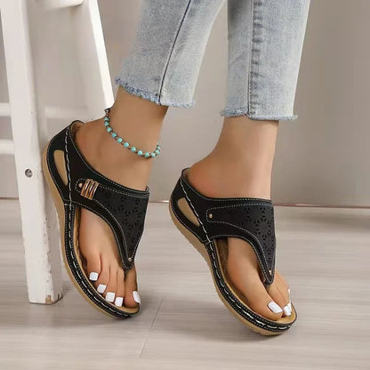 Sandalias ortopédicas de verano para mujer, de piel, antideslizantes, con plataforma suave, con cuña y tacón