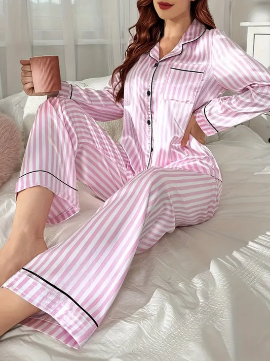 Conjunto de pijamas a rayas para mujer, ropa de dormir de manga larga con botones y pantalones largos