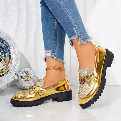 Mocasines sin cordones con hebilla de Metal y tacón medio con punta redonda para mujer