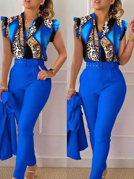 Elegant slim fit two piece set women v neck shirt button fly sleeve solid long pants suits with belt summer fashion