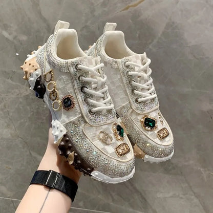 lujosas zapatillas de diamantes de imitación para mujer, zapatos de diseñador vulcanizados de malla, nuevos zapatos casuales de suela gruesa