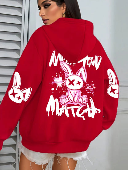 Sudadera con capucha con estampado de conejo de dibujos animados para mujer, ropa informal con bolsillo, Sudadera holgada , ropa femenina de lana que combina con todo