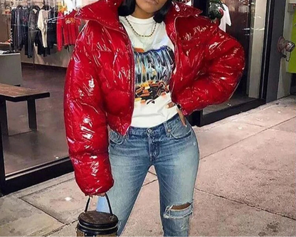 Veste, Hiver Y2K Col Roulé Fermeture Éclair Manches Longues Brillant Pu Épais Cardigan Manteau Femmes Neige Chaud Mince Décontracté Streetwear Automne