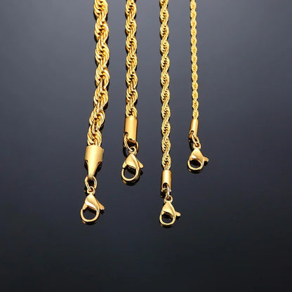 Collar largo de cuerdas para hombre, cadena de cuerda torcida minimalista de acero inoxidable, disponible en color dorado, color plateado, de 2 a 5 mm