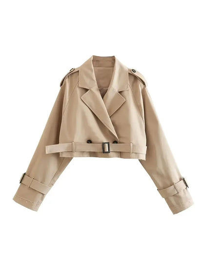 Gabardina recortada con cinturón para mujer, chaqueta de primavera, ropa de calle Vintage, Top de manga larga con doble botonadura, trajes de abrigo para mujer