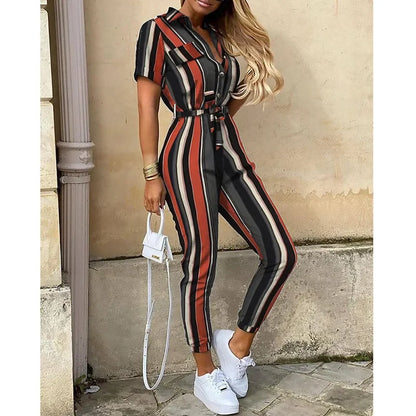 Mono de trabajo con cinturón monocromático para mujer, pantalones casuales, cuello levantado, hebilla, estilo europeo y americano, verano,