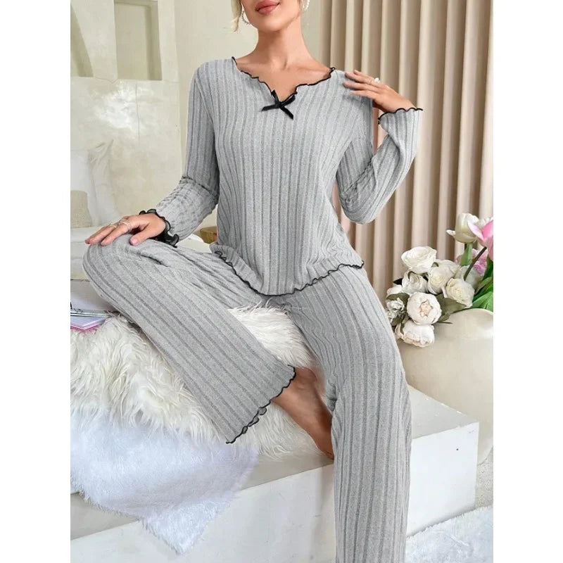 Conjunto de pijamas acanalados para mujer, ropa de dormir de otoño e invierno,