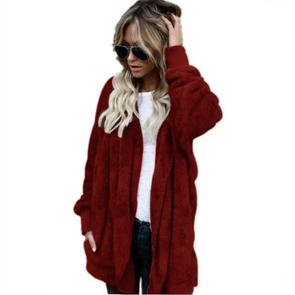 Manteau chaud en peluche pour femme à manches longues, couleur unie, à capuche, surdimensionné, hiver, automne