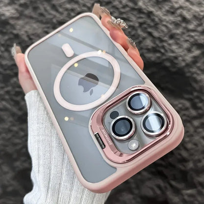 Funda magnética de lujo a prueba de golpes para iPhone 15, 14, 13, 12, 11, 16 Pro Max, 16 Plus, 16E, con soporte y protección de lente de cristal