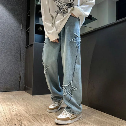 Jean ample pour homme avec broderie étoile, jean extensible à jambe large