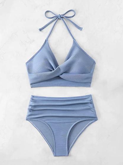 Bikini sexy de cintura alta 2025 para mujer, traje de baño con cuello halter, traje de baño liso para mujer, traje de baño para playa de verano.