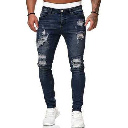Pantalones vaqueros ajustados rotos estilo callejero de moda para hombre, pantalones vaqueros lisos con lavado vintage, pantalones vaqueros ajustados informales para hombre, gran oferta