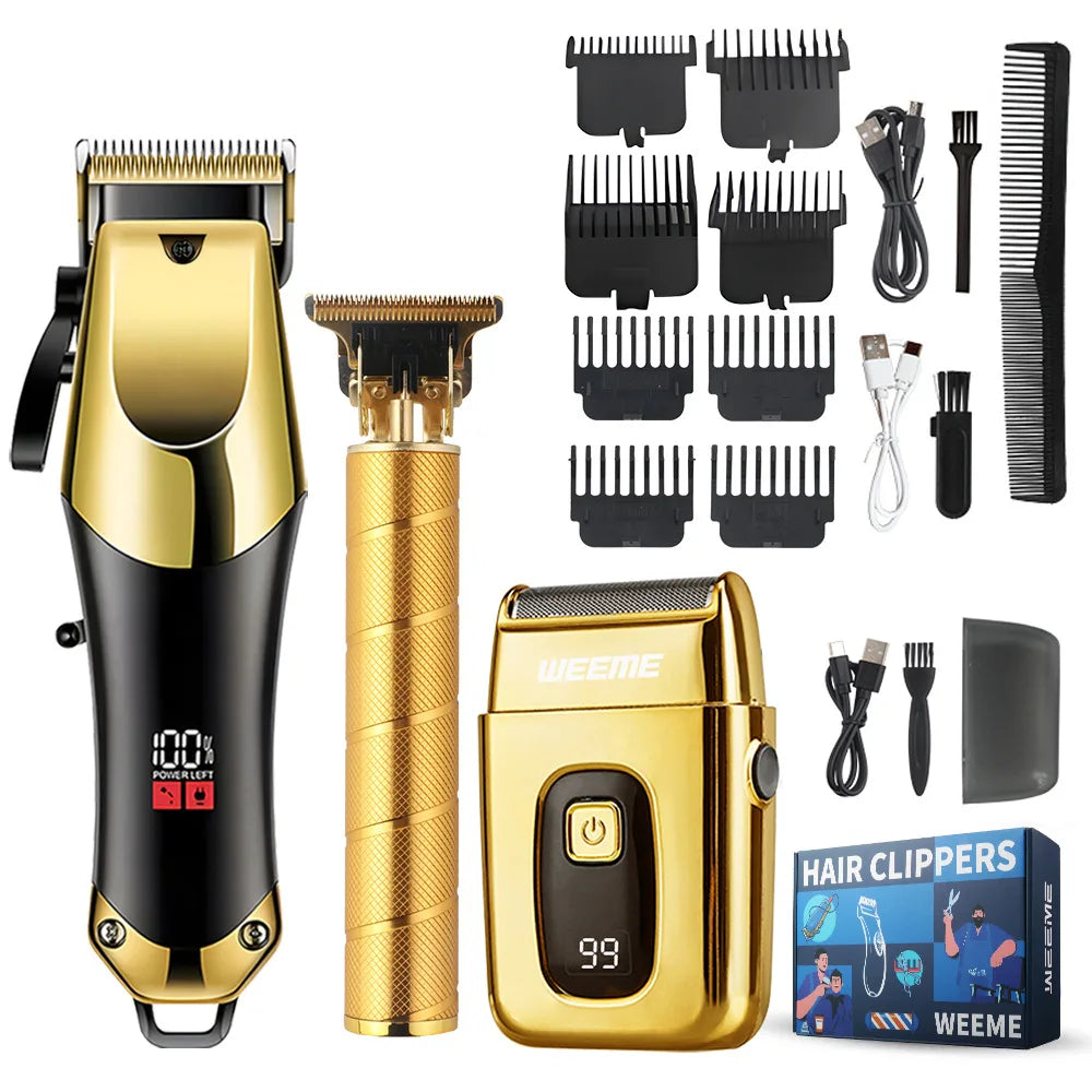 Maquina cortadora de pelo (3 piezas), cortapelos dorado negro con pantalla LCD, recargable por USB, 8 peines guía, recortadora y afeitadora.
