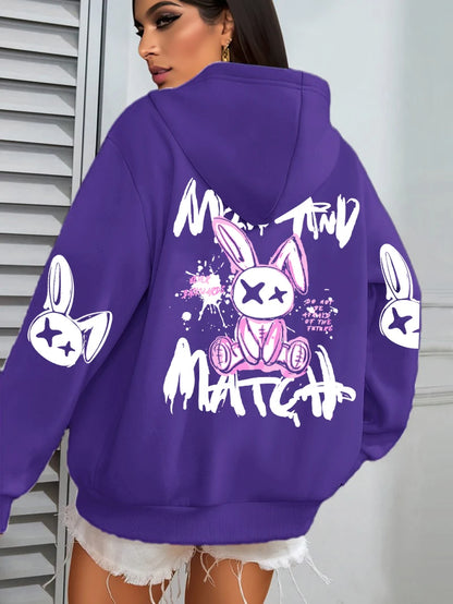 Sudadera con capucha con estampado de conejo de dibujos animados para mujer, ropa informal con bolsillo, Sudadera holgada , ropa femenina de lana que combina con todo
