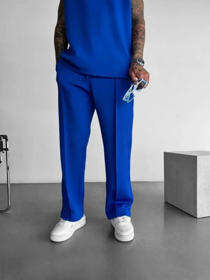 Pantalones casuales nuevos para hombre, elegantes y cómodos, con cintura elástica y cordón ajustable, de una sola línea, plisados, de color sólido, con bolsillos, pantalones de fregona