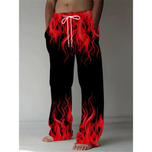 Pantalones de moda de verano para hombre, pantalones de pierna recta con estampado de llamas Retro informales, pantalones holgados con cordón como regalo