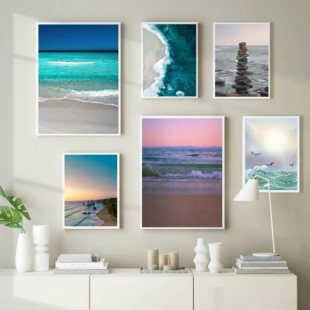 Pintura en lienzo para pared, arte nórdico, puesta de sol, arena, mar, playa, ondas, océano, Palma, póster, imagen Modular de paisaje marino para decoración para sala de estar