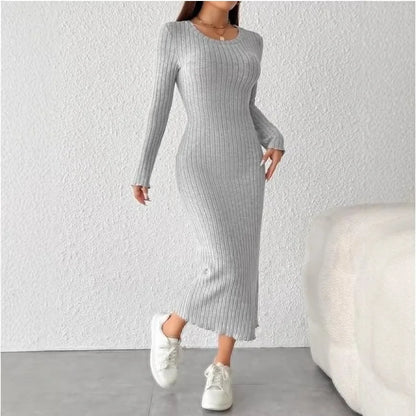 Vestido de punto de manga larga con cuello redondo para mujer