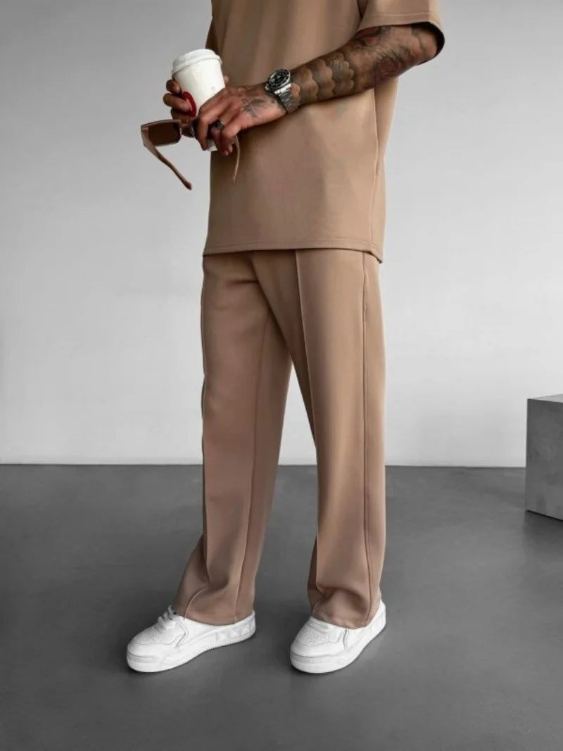Pantalones casuales nuevos para hombre, elegantes y cómodos, con cintura elástica y cordón ajustable, de una sola línea, plisados, de color sólido, con bolsillos, pantalones de fregona