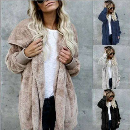 Manteau chaud en peluche pour femme à manches longues, couleur unie, à capuche, surdimensionné, hiver, automne