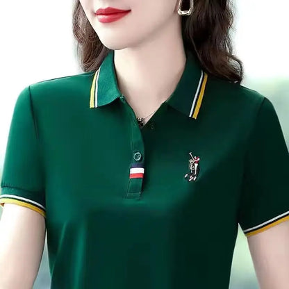 Middle-aged women's short-sleeved T-shirt, loose-fitting polo shirt with contrast embroidery and lapel