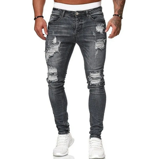 Pantalones vaqueros ajustados rotos estilo callejero de moda para hombre