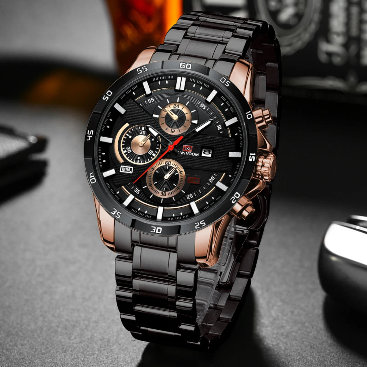 Reloj deportivo para hombre, de cuero, estilo de carreras, informal, de moda, original, negro, oro rosa, calendario, reloj de cuarzo.