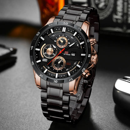Reloj deportivo para hombre, de cuero, estilo de carreras, informal, de moda, original, negro, oro rosa, calendario, reloj de cuarzo.