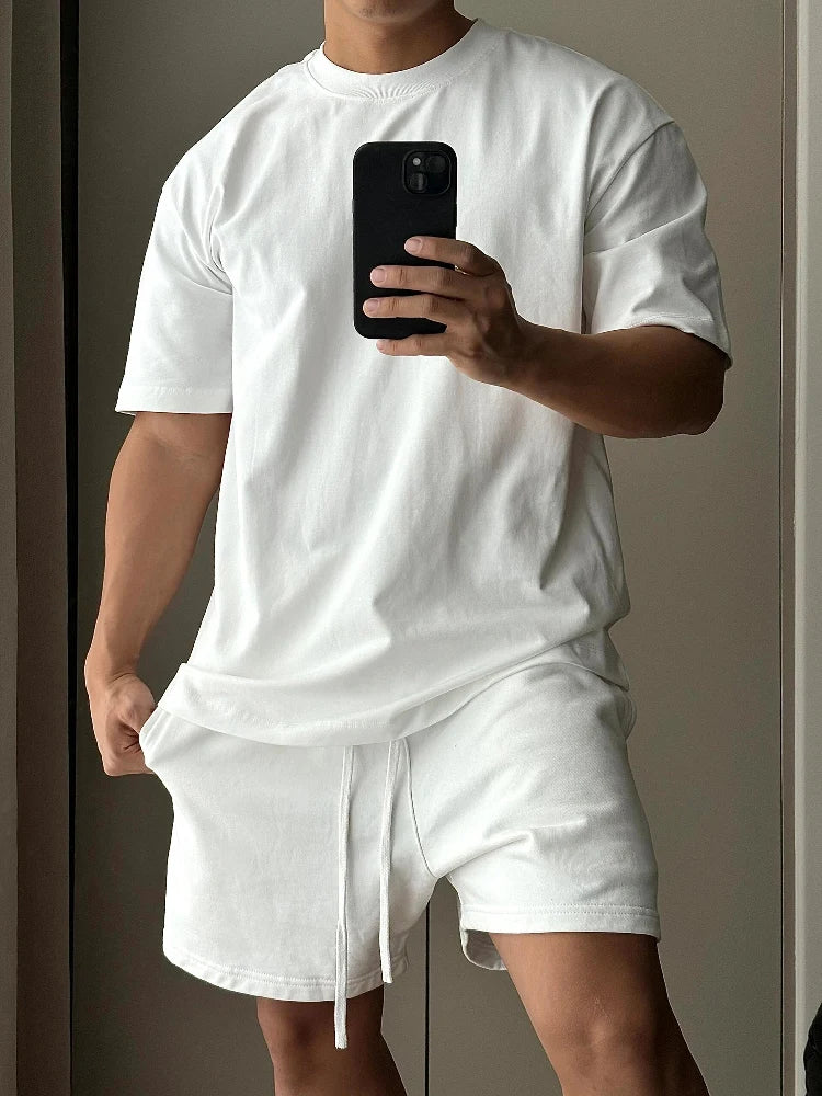 Conjunto de pantalones cortos de manga corta de algodón puro para hombre