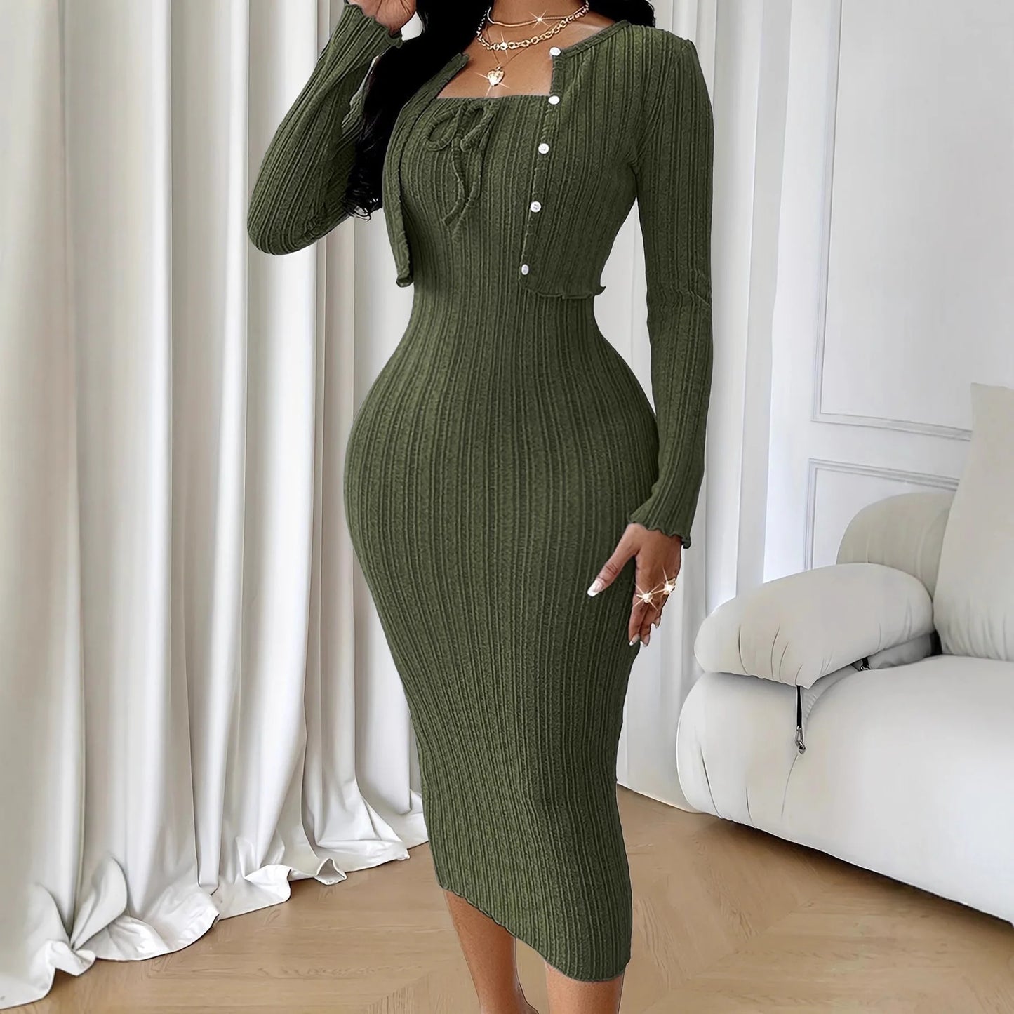 Conjunto de vestido de punto de estilo francés ajustado para mujer, traje informal de longitud media
