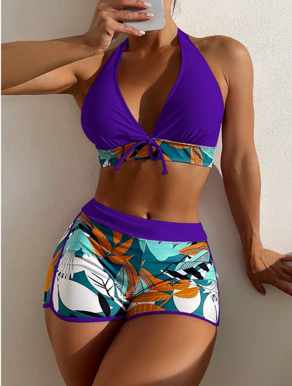 Conjunto de bikini estilo halter 2025, traje de baño corto de cintura alta para mujer, bañador estampado para mujer, traje de baño para playa