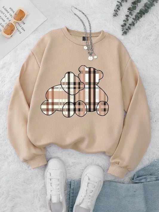 Sudaderas informales con estampado de oso de peluche para mujer, jersey suave de lana cómodo, con cuello redondo a la moda para mujer
