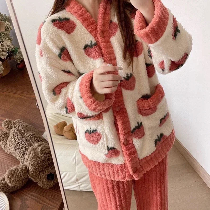 Ropa de dormir con estampado de fresa para mujer, conjunto de pijamas de terciopelo polar de invierno, traje para casa de 2 piezas