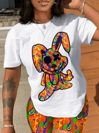 Conjunto informal de camiseta y pantalones cortos de manga corta para mujer, blusa y pantalones con estampado de dibujos animados y cuello redondo, conjunto de dos piezas para oficina