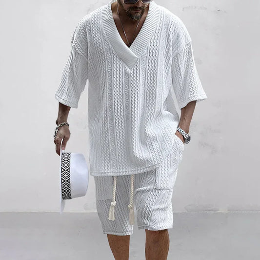 Ensemble short décontracté d'été, vêtements tricotés deux pièces pour hommes, t-shirt à manches courtes à col en V et short, streetwear, costumes tricotés 