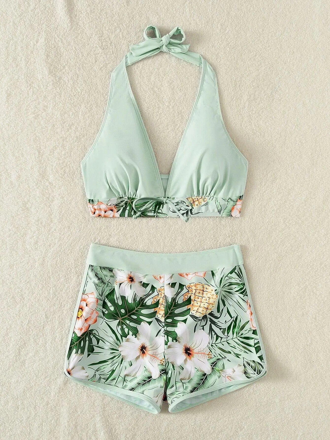 Conjunto de bikini estilo halter 2025, traje de baño corto de cintura alta para mujer, bañador estampado para mujer, traje de baño para playa