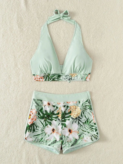 Conjunto de bikini estilo halter 2025, traje de baño corto de cintura alta para mujer, bañador estampado para mujer, traje de baño para playa