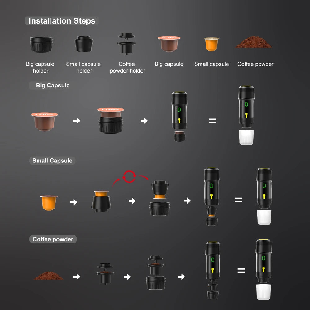 Wireless Electric Portable Espresso Maker for Car and Home, Camping Coffee Maker, Travel Coffee Maker with 3 in 1 Powder Capsules
