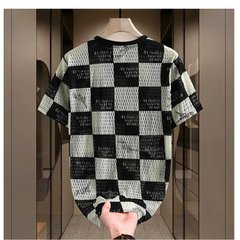 Men's round neck t-shirts, ice silk mesh breathable half-sleeved t-shirt, solid color thin casual print t-shirt 