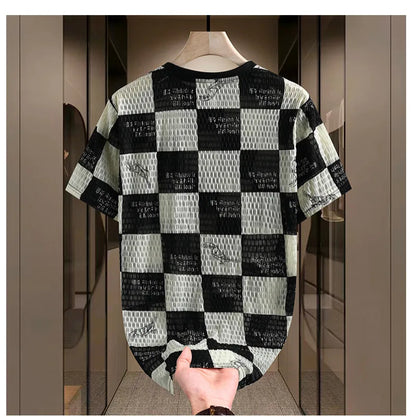 Men's round neck t-shirts, ice silk mesh breathable half-sleeved t-shirt, solid color thin casual print t-shirt 