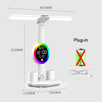 Lámpara de mesa LED recargable para estudio, lámpara de escritorio, luz de lectura, luz de noche LED con ventilador, pantalla de reloj LED, luz de escritorio de lectura