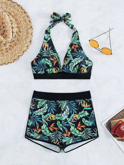 Conjunto de bikini estilo halter 2025, traje de baño corto de cintura alta para mujer, bañador estampado para mujer, traje de baño para playa