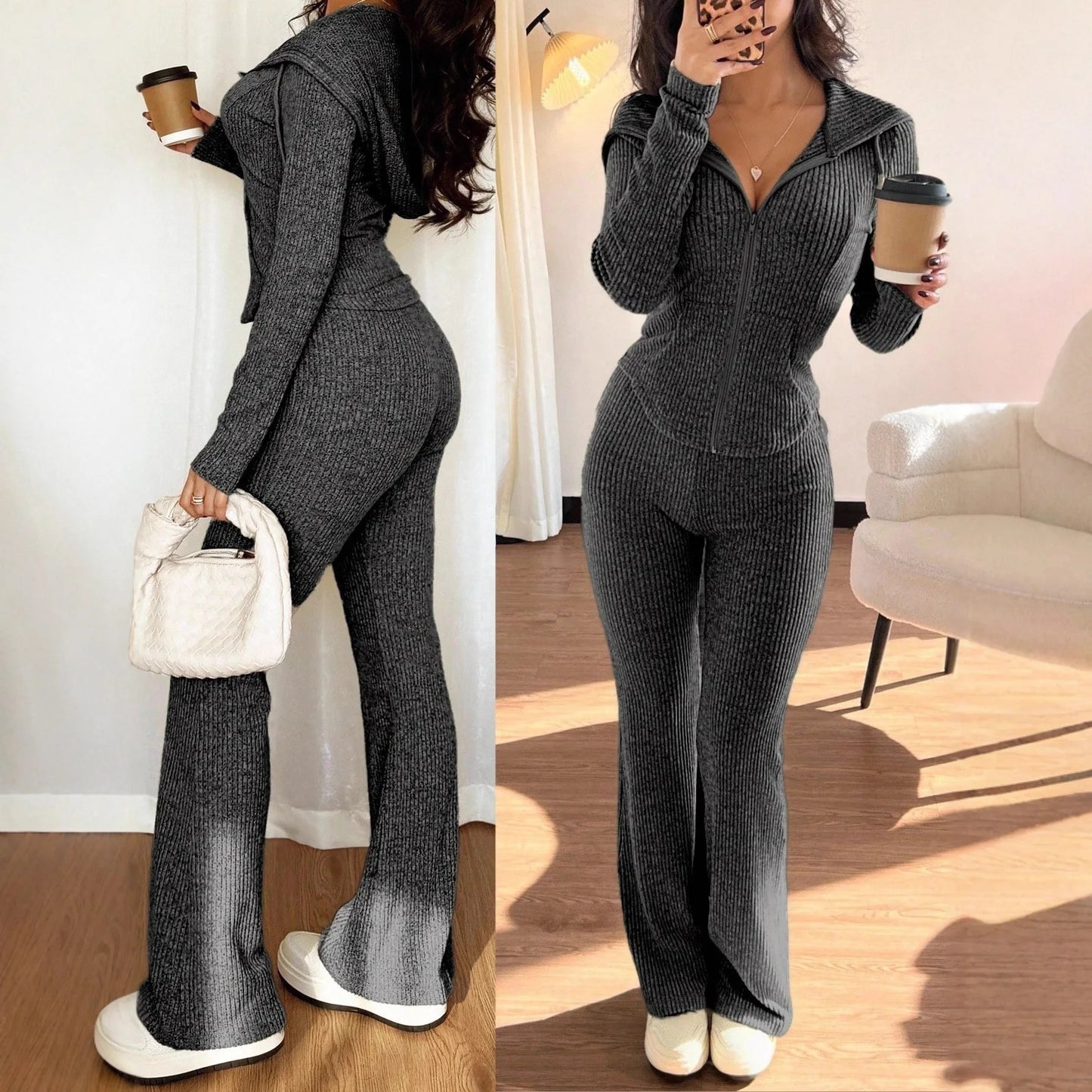 Conjunto cómodo de parte superior con cremallera informal para mujer