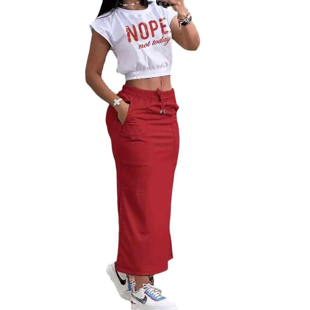 Conjunto de top corto con estampado de letras de verano y falda larga con dobladillo dividido para mujer, vestido de dos piezas con cordón y decoración de bolsillo