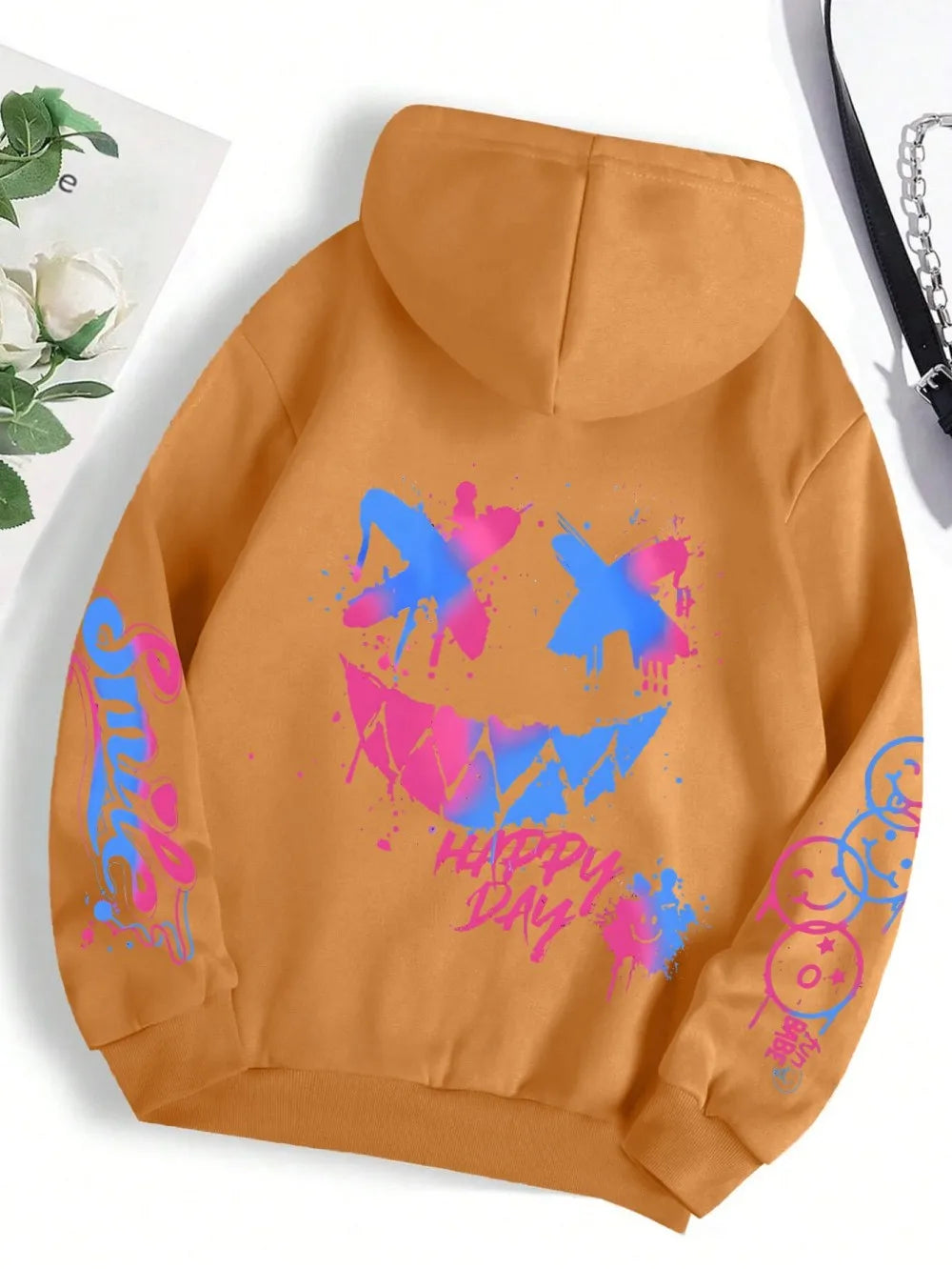 sudadera unisex con capucha transpirable y cómoda con estampado de cara sonriente personalizada de otoño para hombre, sudadera con capucha de moda urbana para exteriores